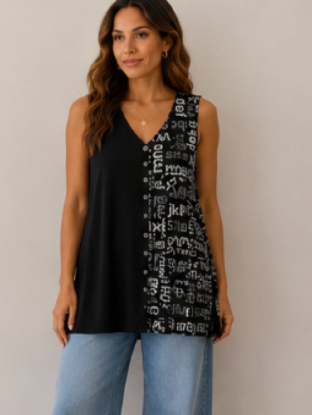 Joseph Ribkoff Sleeveless Tunic Top Size 16 Black Graphic Print Asymmetrical